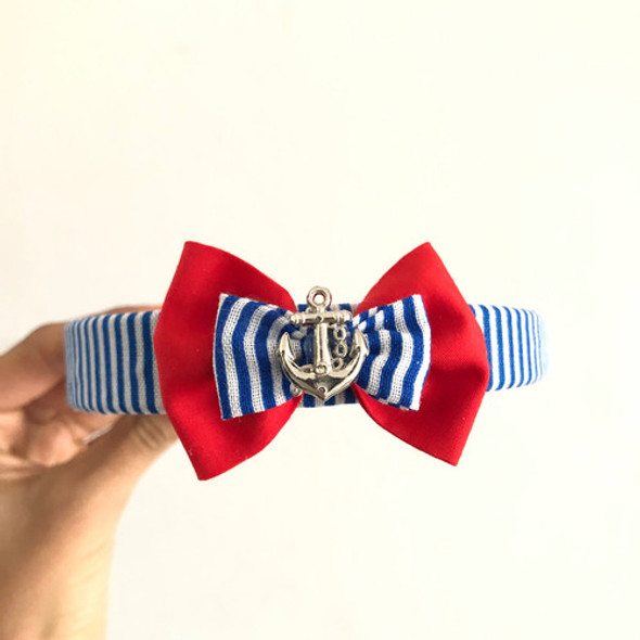 Vincha Rayada Azul Con Rojo Ancla Moño Pin Up Sailor Mariner 1