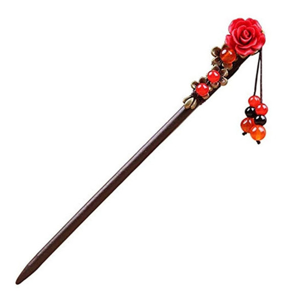 Horquillas De Madera De 18 Cm Con Laca De Perlas De Rosa Roj 0