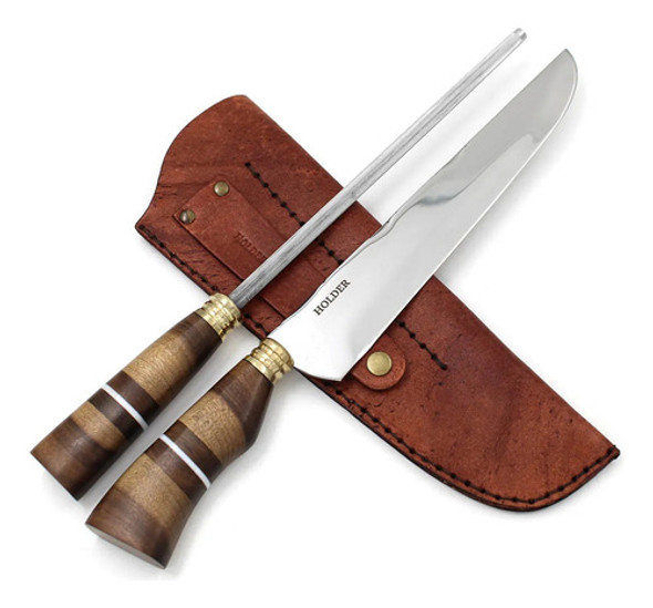 Kit Churrasco Faca E Chaira 10'' Holder Inox Cabo Madeira M1 0