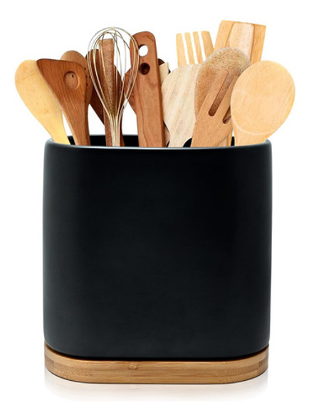 Soporte De Utensilios Cocina Grande Base Bambú Negro 0