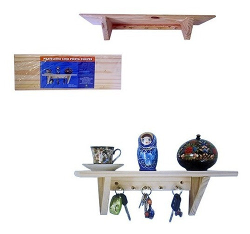 Prateleira De Madeira C/ Porta Chaves 5 Ganchos 40x13cm + Nf 0