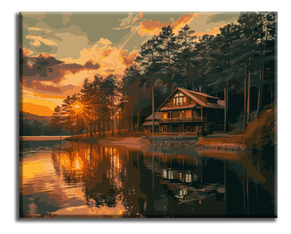 Pintura Por Números Premium: Cabaña Y Atardecer. Kitart 0 Pintura Por Números Premium: Cabaña Y Atardecer. Kitart 0