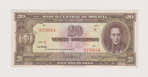 Billete Bolivia 20 Bolivianos Año 1945 Excelente ++ 0