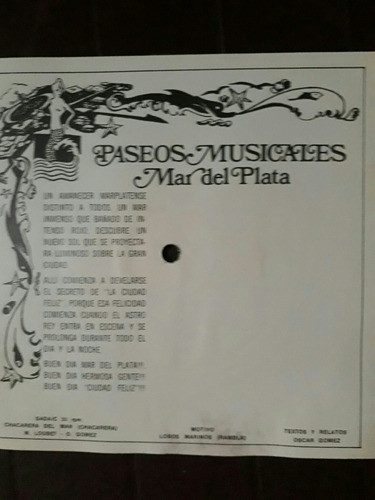 Tarjeta Musical Lobo Marino De Mar Del Plata De Los 70. 1