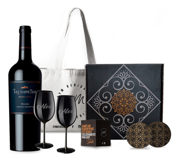 Box Set Vino Trumpeter Malbec Copas Negras Grabadas 0