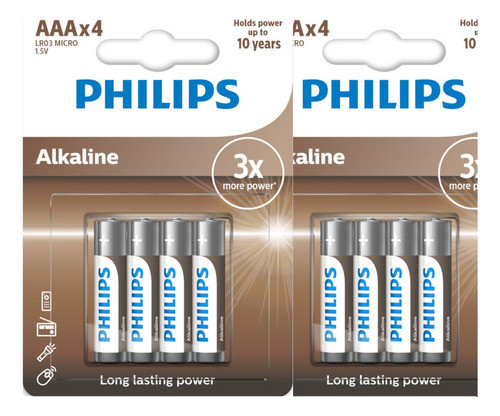 8 Pilas Aaa Philips Alcalinas Larga Duración 0