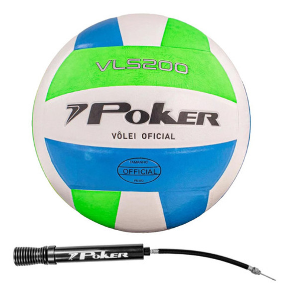 Bola Vôlei Poker Vls 200 + Bomba De Ar Branco E Verde Kit 0