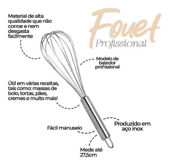 Batedor De Ovos Fouet Profissional Prateado Aço Inox 27,5cm 1