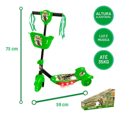 Patinete Infantil Dinossauro Verde Com Cestinha Luz E Som 1