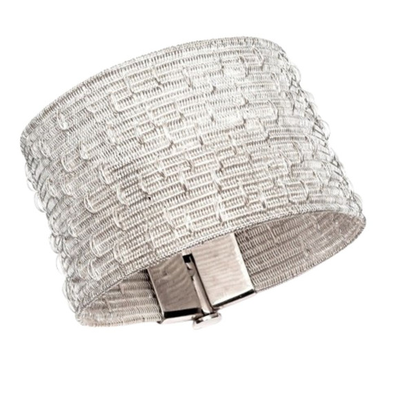 Platatextil Boutonnée 40 Silver Woven Bracelet – 4 cm Wide, Handloom Fine Silver Strand