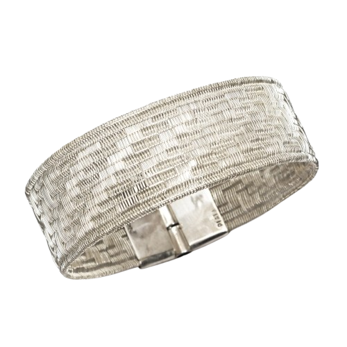 Platatextil Twill 20 Silver Woven Bracelet – 2 cm Wide, Handloom Fine Silver Strand