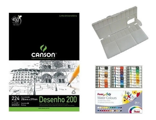 Kit Papel Canson Desenho + Aquarela Pentel  24 Cores + Godê 0