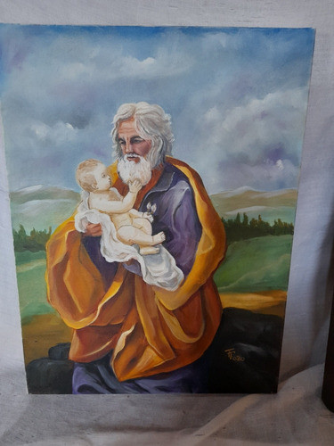 Quadro Oleo Sobre Tela, Sao Jose Com Menino Jesus Assinado 0