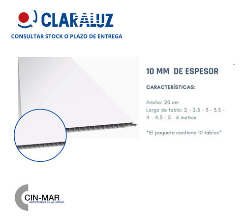 Cielorraso Pvc Claraluz 10mm Esp/ Ancho 200mm Blanco M2 1