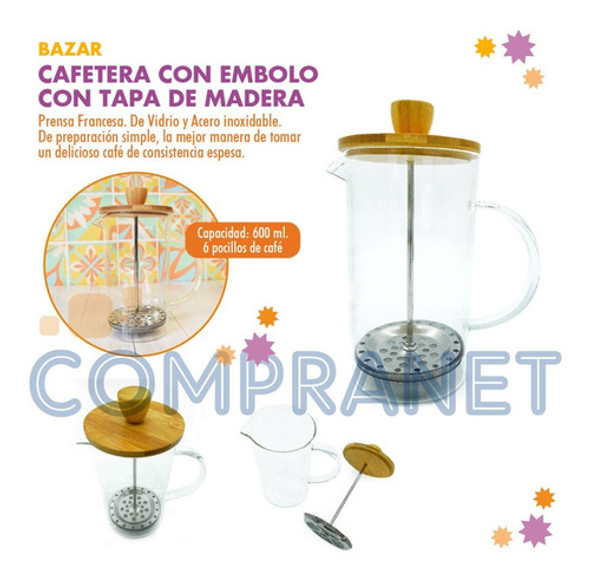 Cafetera Embolo, Prensa Francesa, Tapa Madera, 600 Ml, 11900 1