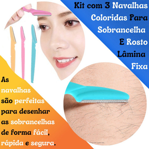 Aparador Sobrancelha Rosto C/3 Navalha Lâmina Longa Colorida 1