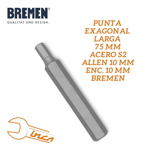 Punta Hexagonal Allen 4 Mm Encastre 10mm Largo 75mm Bremen 1