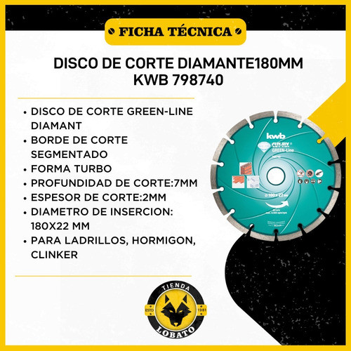Disco De Corte Diamante Kwb Amoladora Hormigon Baldosa 180mm 1