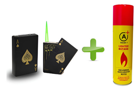 Encendedor Carta Poker Llama Verde Luz + Recarga Gas Butano 0