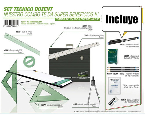 Kit Dozent Tablero Dibujo 40x50 Con Atril 23 Art Completo 1