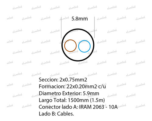 5 Cables Monoblock 2 X 0.75mm 1,5m Iram 2063 Blanco 1