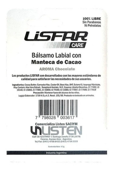 Bálsamo Labial Manteca De Cacao Chocolate Lisfar X 4 Uni. 1 Bálsamo Labial Manteca De Cacao Chocolate Lisfar X 4 Uni. 1