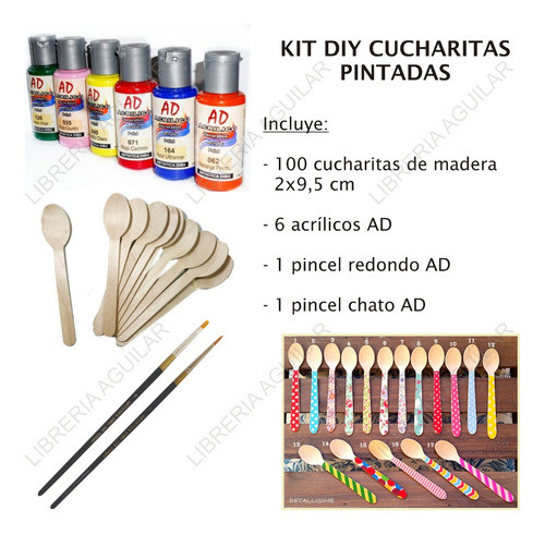 Kit 100 Cucharitas De Madera 6 Acrilicos 2 Pinceles Ad 1
