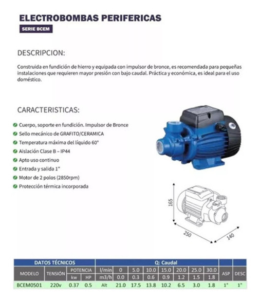 Bomba Periférica Bp 60c 0.5hp 370w Turbina Bronce 1