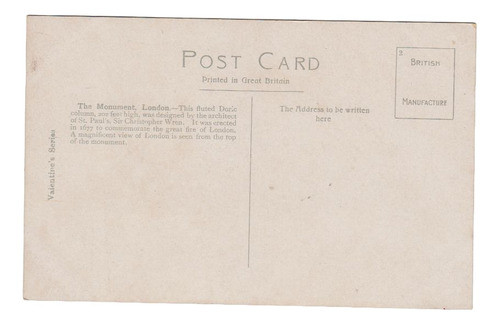 Londres Antigua Postal The Monument Columna Dorica Vintage 1