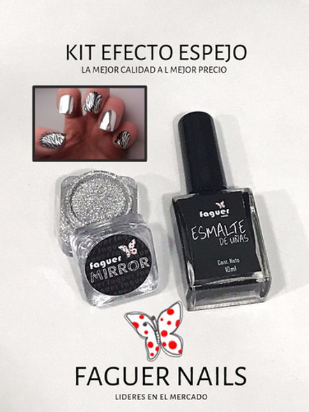Polvo Efecto Espejo, Mirror + Esmalte De Uñas Negro Faguer 0