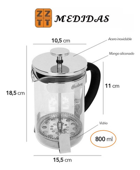 Cafetera Vidrio Acero Inox. Francesa Embolo Hudson 800ml Zt 1