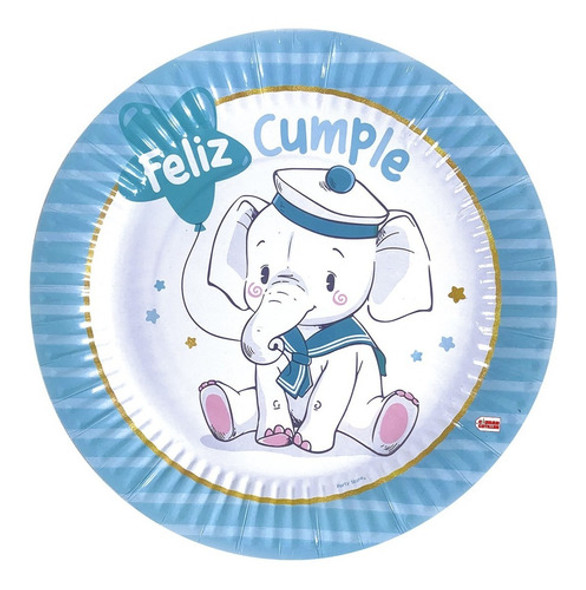 Plato Elefante Azul 17 Cm X 6 Descartables - Ciudad Cotillón 0