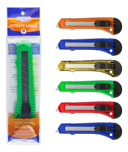 Cutter Brw Trincheta 18mm Plástico Colores Surtidos Combo X6 0