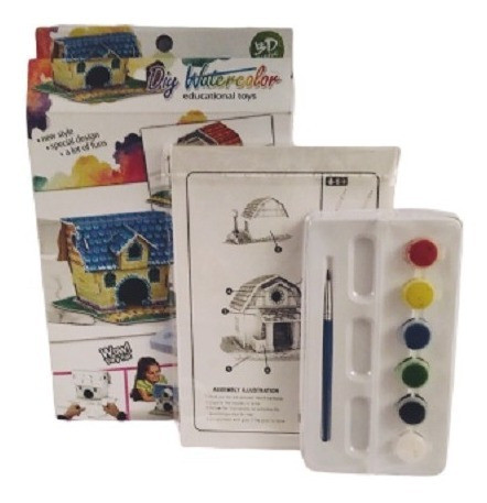 Puzzle 3d Casitas Para Armar Y Pintar + Acuarelas + Pincel 1