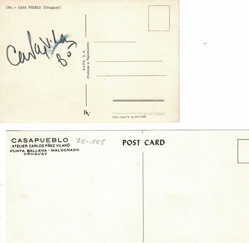 Carlos Paez Vilaró Autógrafo En Tarjeta Postal Casa Pueblo 1