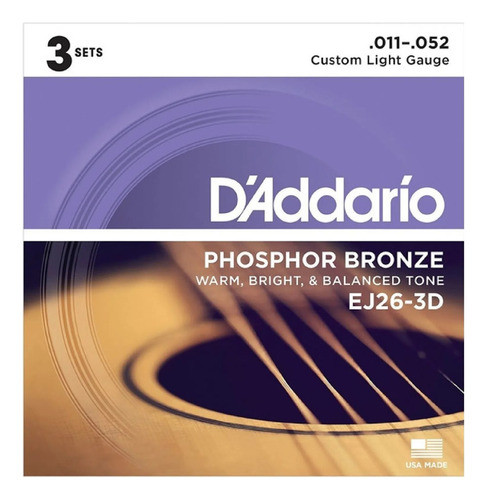 Encordado Daddario Para Acustica Phosphor Bronze 011 Ej26-3d 0
