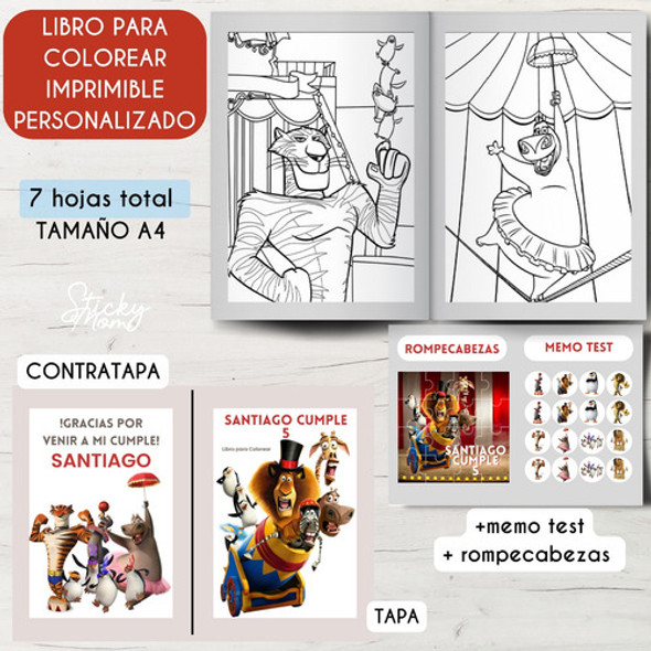 Libro Colorear Personalizado Imprimible Madagascar Cumple 1