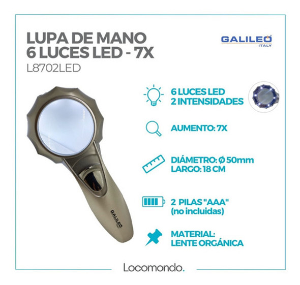 Lupa De Mano 6 Luces Led 2 Intensidades Aumento 7x Galileo 1