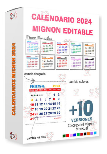 Kit Imprimible Calendario Mignon 2024 En 10 Colores Editable 0