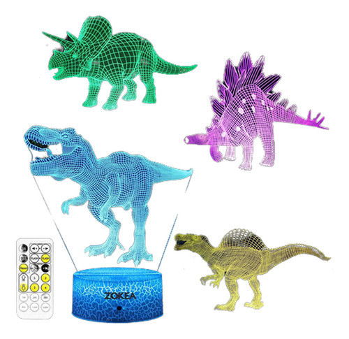 Dinosaurio Niños 7 Colores Luz Nocturna 3d Remoto 4 X Imagen 0