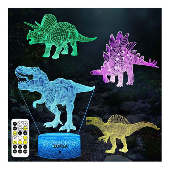 Dinosaurio Niños 7 Colores Luz Nocturna 3d Remoto 4 X Imagen 1
