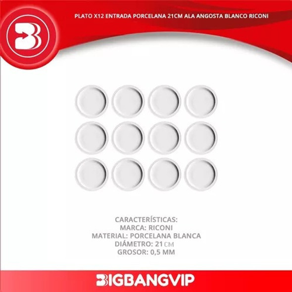 Plato X12 Entrada Porcelana 21cm Ala Angosta Blanco 1 Plato X12 Entrada Porcelana 21cm Ala Angosta Blanco 1