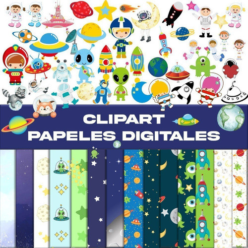 Kit Digital Colección Astronauta Clipart + Papeles Digitales 1