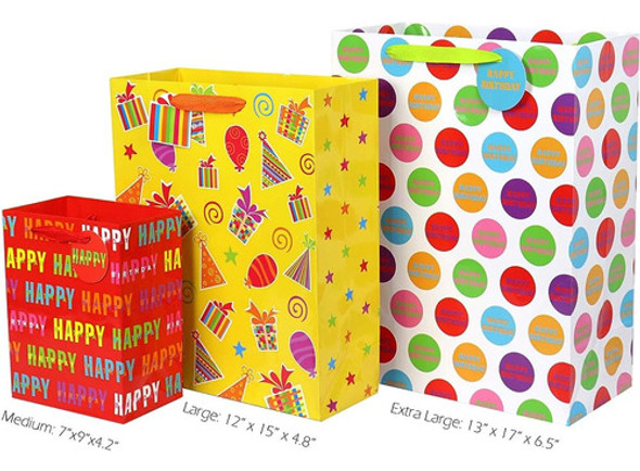 12 Pc Bolsas De Regalo De Cumpleaños, Grande, Mediano Y Pequ 1