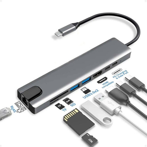Adaptador Hub Usb-c 8 En 1 Hdmi Usb 3.0 Micro Sd Rj45 - Otec 0