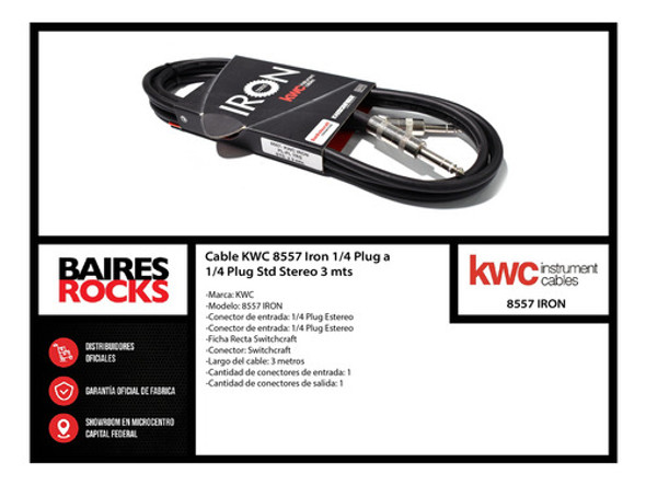 Cable Kwc 8557 Iron 1/4 Plug A 1/4 Plug Std Stereo 3 Mts 1