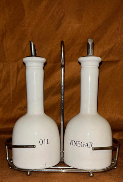 Aceitero Y Vinagrero Porcelana Antiguos Con Soporte Metal 0