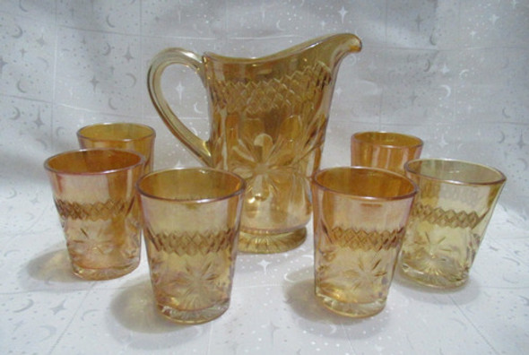 Jarra Vino Agua Jugo Con 6 Vasos Juego Carnival Glass 0