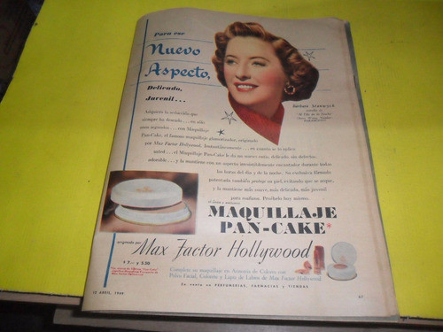 Antigua Publicidad 1949 Maquillaje Pan Cake Barbara Stanwyck 0