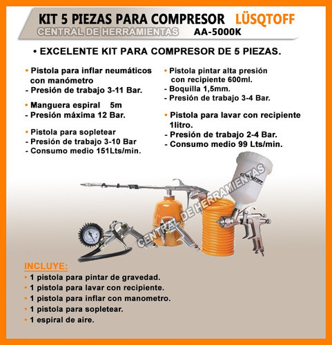 Kit De Accesorios 5 Piezas Para Compresor Lusqtoff Aa-5000k 1